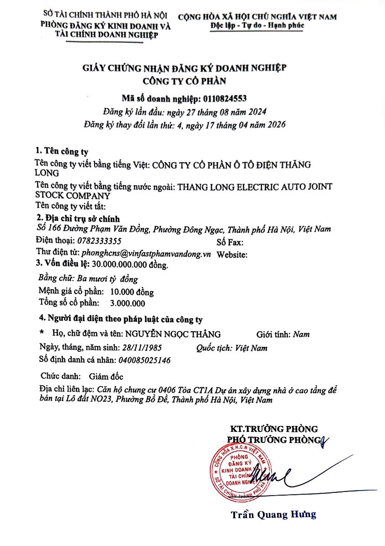 Giấy Chứng Nhận Đăng Ký Kinh Doanh Công ty Cổ phần Ô tô Điện Thăng Long