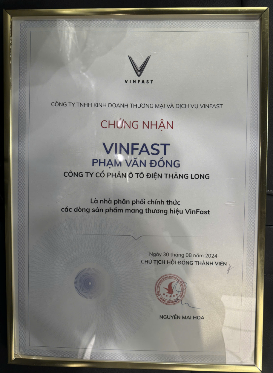 Giấy chứng nhận phân phối VinFast